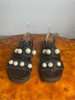 Renvy Black Pearl-Studded Slingback Sandals